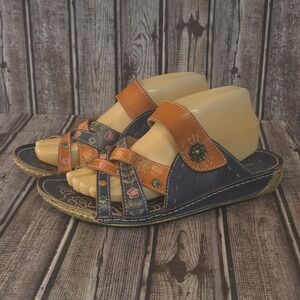 Sz 42/ 10.5-11 Spring Step L'Artiste Leigh Floral Navy Leather Slides Sandals
